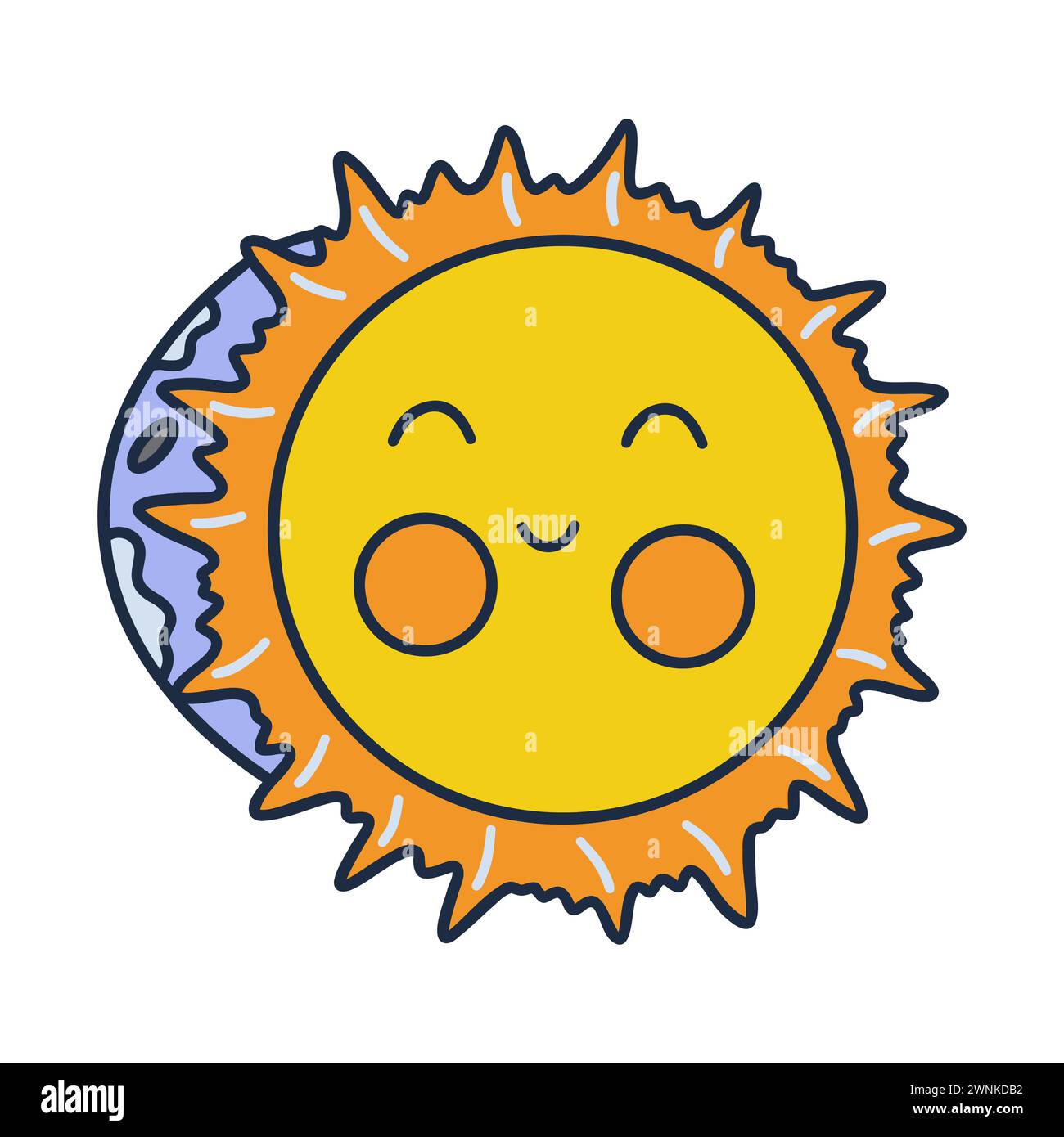 Éclipse lunaire partielle. Vecteur coloré illustration isolée doodle dessiné à la main. Icône ou carte, clip art avec contour. Sourire heureux du soleil Illustration de Vecteur