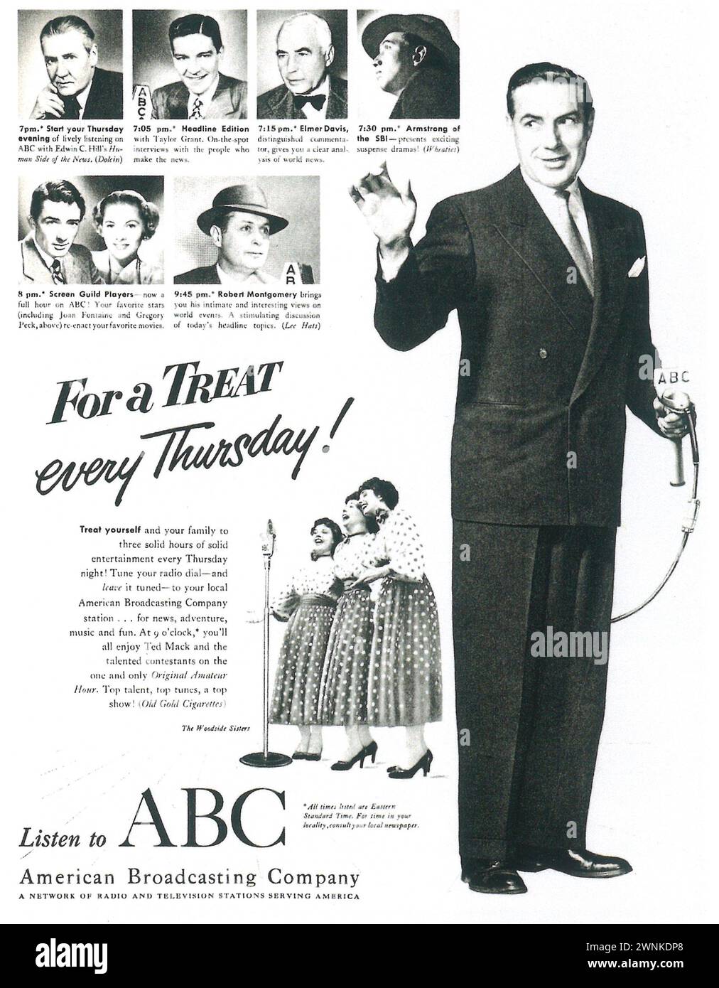 1950 ABC RADIO Magazine annonce imprimée, avec TED MACK, Woodside Sisters, ARMSTRONG of/SBI, Airfilm Shoes Banque D'Images
