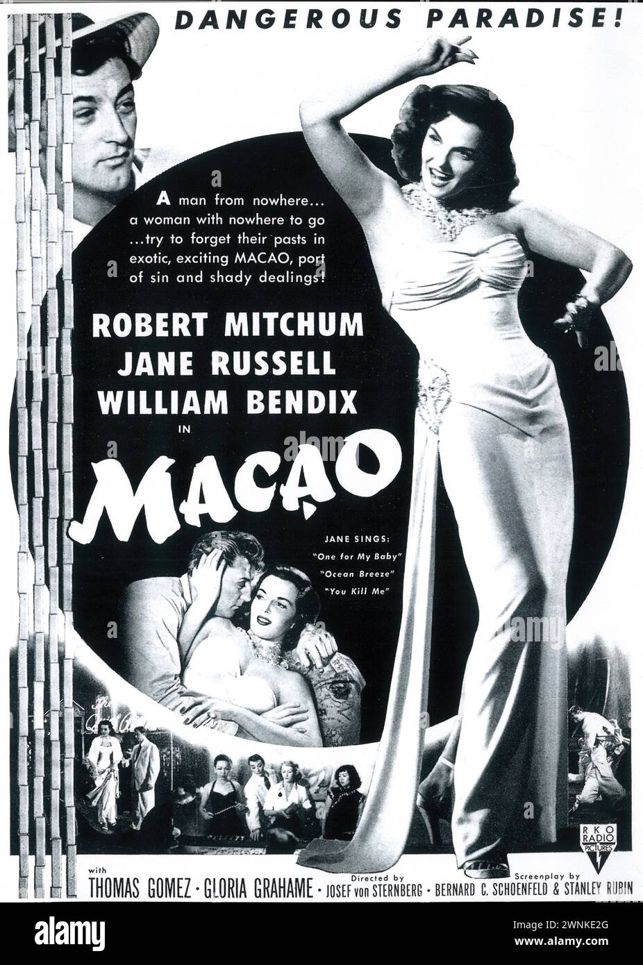 1952 Macao affiche de film - noir / crime drama avec Robert Mitchum, Jane Russell, réalisé par Josef von Sternberg Banque D'Images