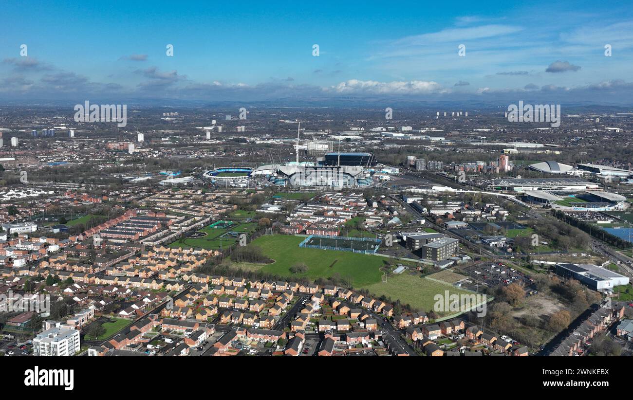 Vue aérienne de l'Etihad Stadium avant le match de premier League Manchester City vs Manchester United à l'Etihad Stadium, Manchester, Royaume-Uni, le 3 mars 2024 (photo Mark Cosgrove/News images) Banque D'Images