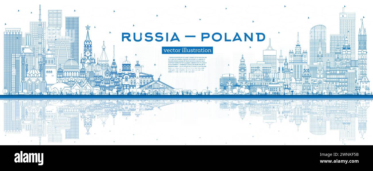 Esquissez les gratte-ciel de la Russie et de la Pologne avec des bâtiments bleus et des reflets. Monuments célèbres. Illustration vectorielle. Concept Pologne et Russie. Illustration de Vecteur