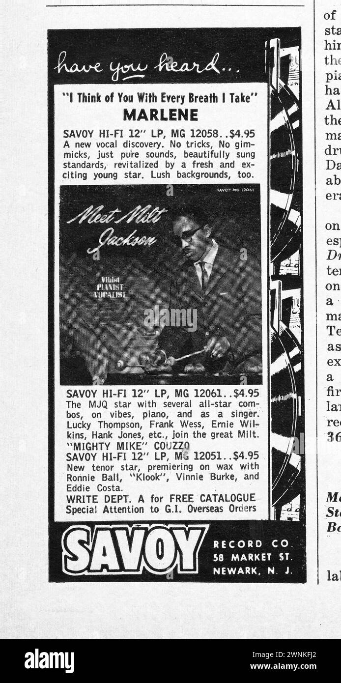 Une publicité pour Savoy label 12 pouces LP mettant en vedette jazz vibes str, Milt Jackson. D'un magazine de musique du début des années 1960. Banque D'Images