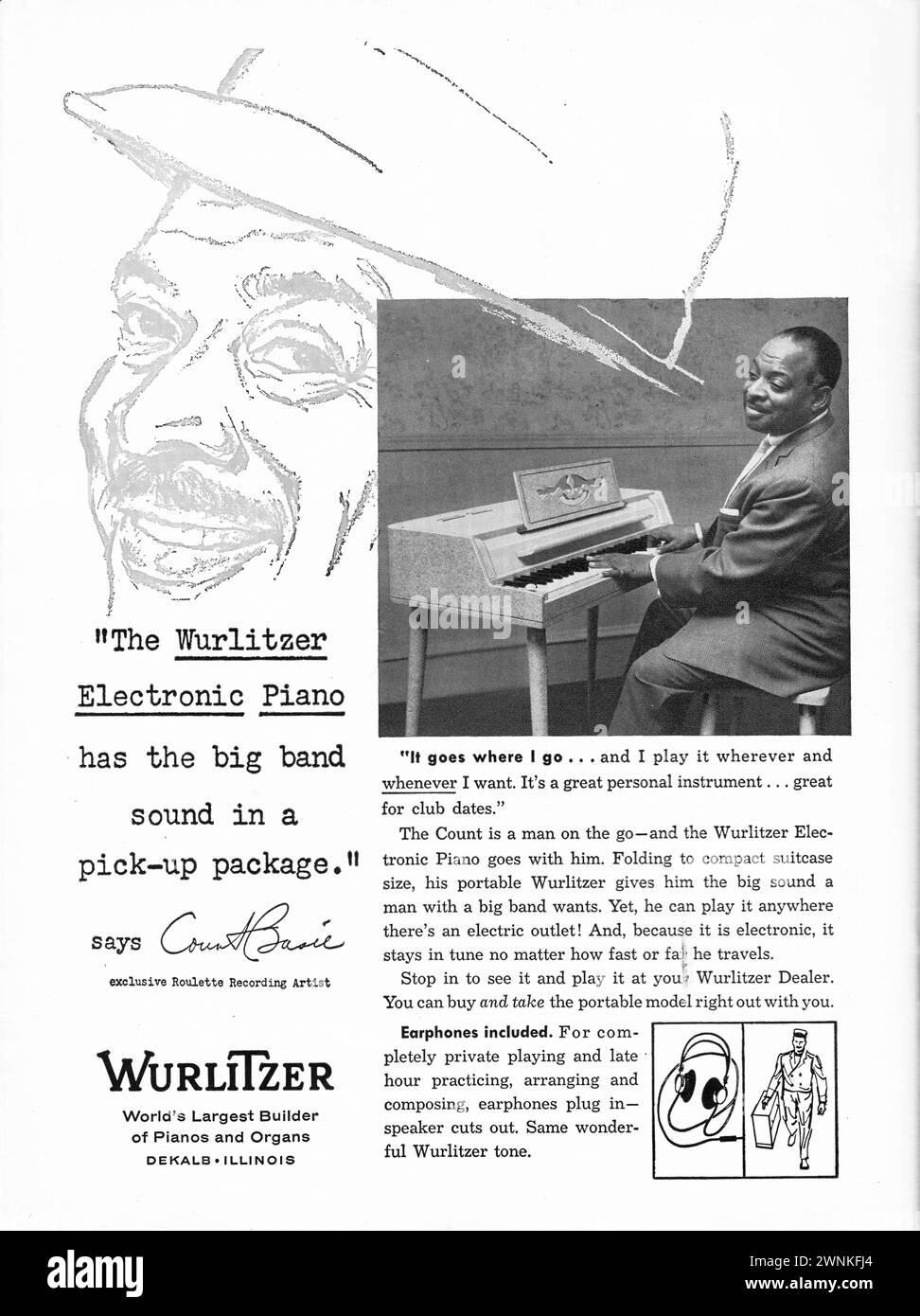 Une pleine page d'annonce dans un magazine du milieu des années 1950 avec le comte Basie approuvant le piano électrique Wurlitzer. Banque D'Images