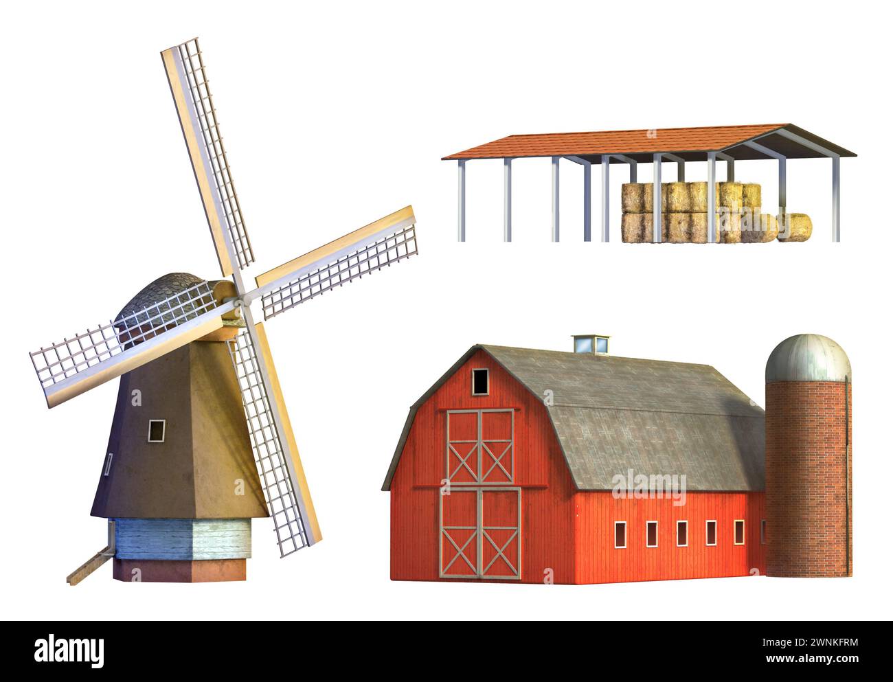 Différents exemples d'architecture rurale : moulin à vent, grange et dépôt. Illustration numérique, chemin de détourage inclus. Banque D'Images