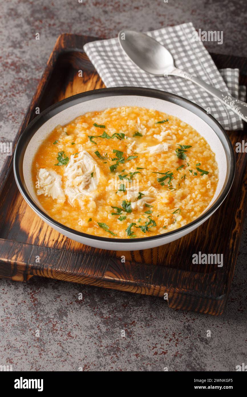 Soupe de poulet chaud frais faite maison avec Pastina close-up sur un bol sur une planche de bois. Vertical Banque D'Images