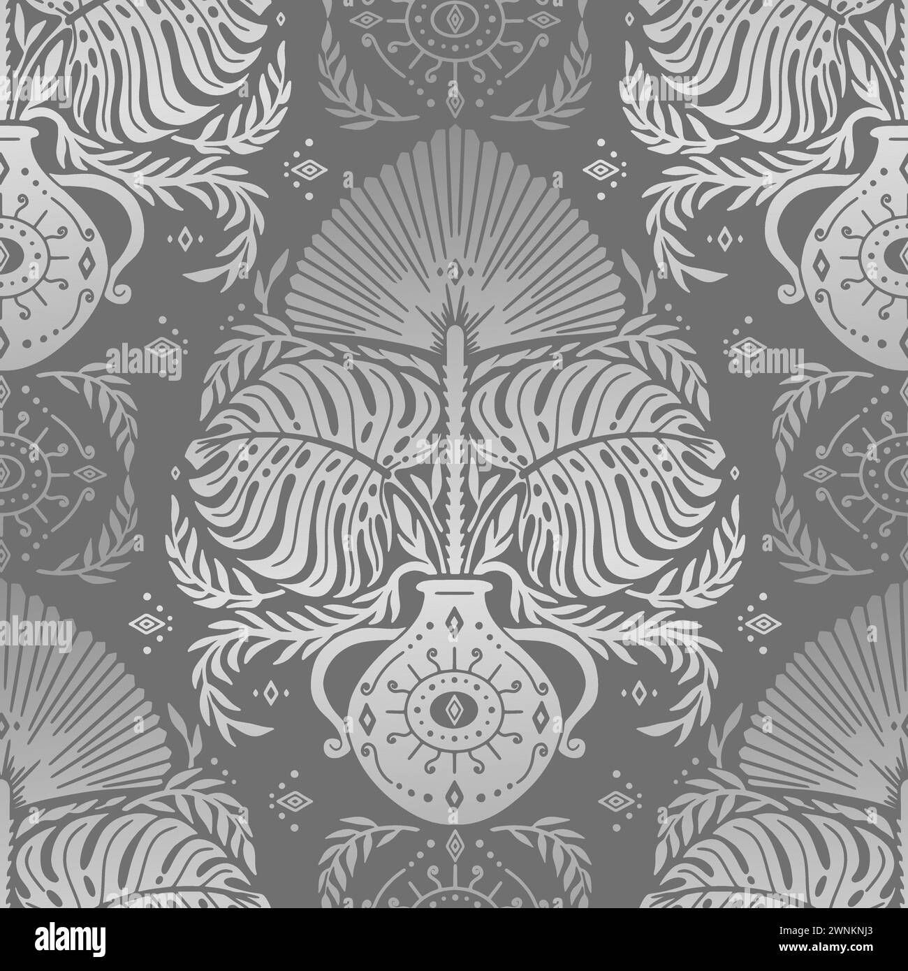 Motif Damas gris sans couture avec motifs tropicaux Illustration de Vecteur