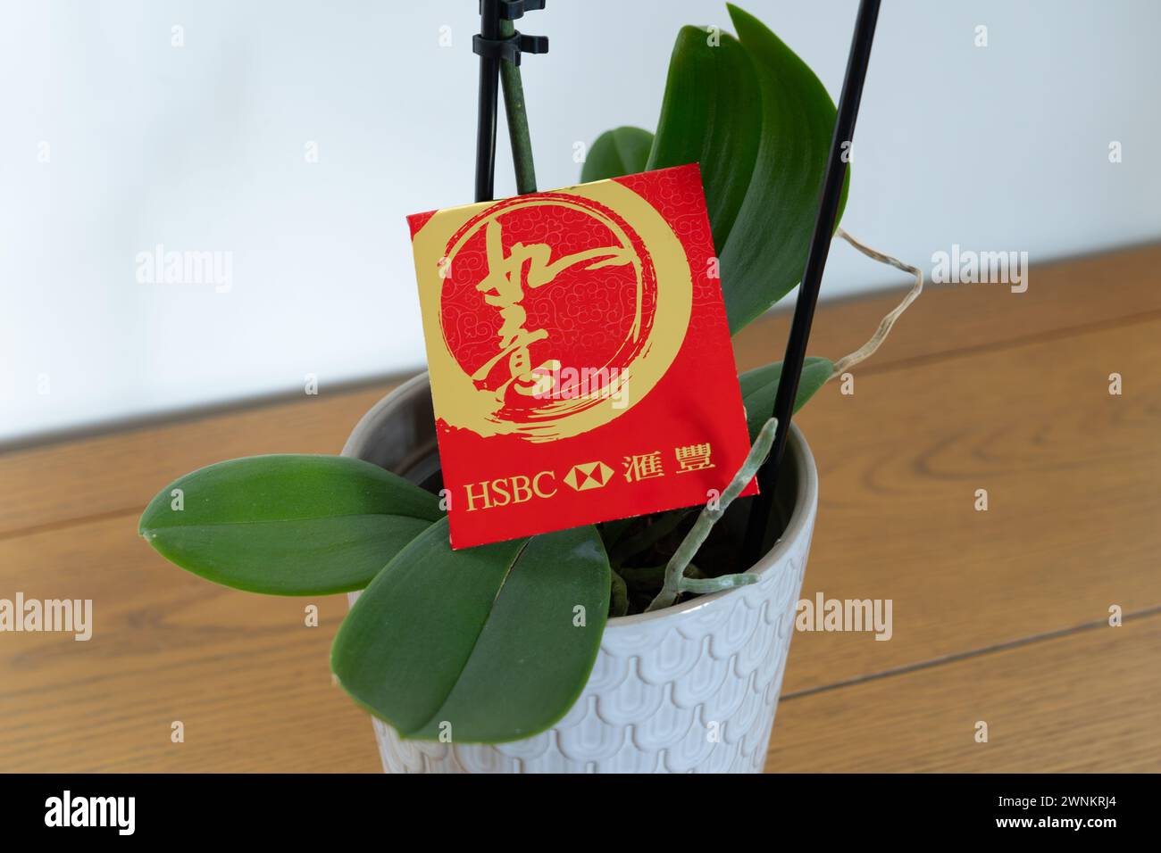 Enveloppe rouge du nouvel an chinois (hongbao en mandarin), contenant de l'argent. Les caractères chinois se lisent « bons souhaits » ou « comme on veut ». Parrainé par HSBC Banque D'Images
