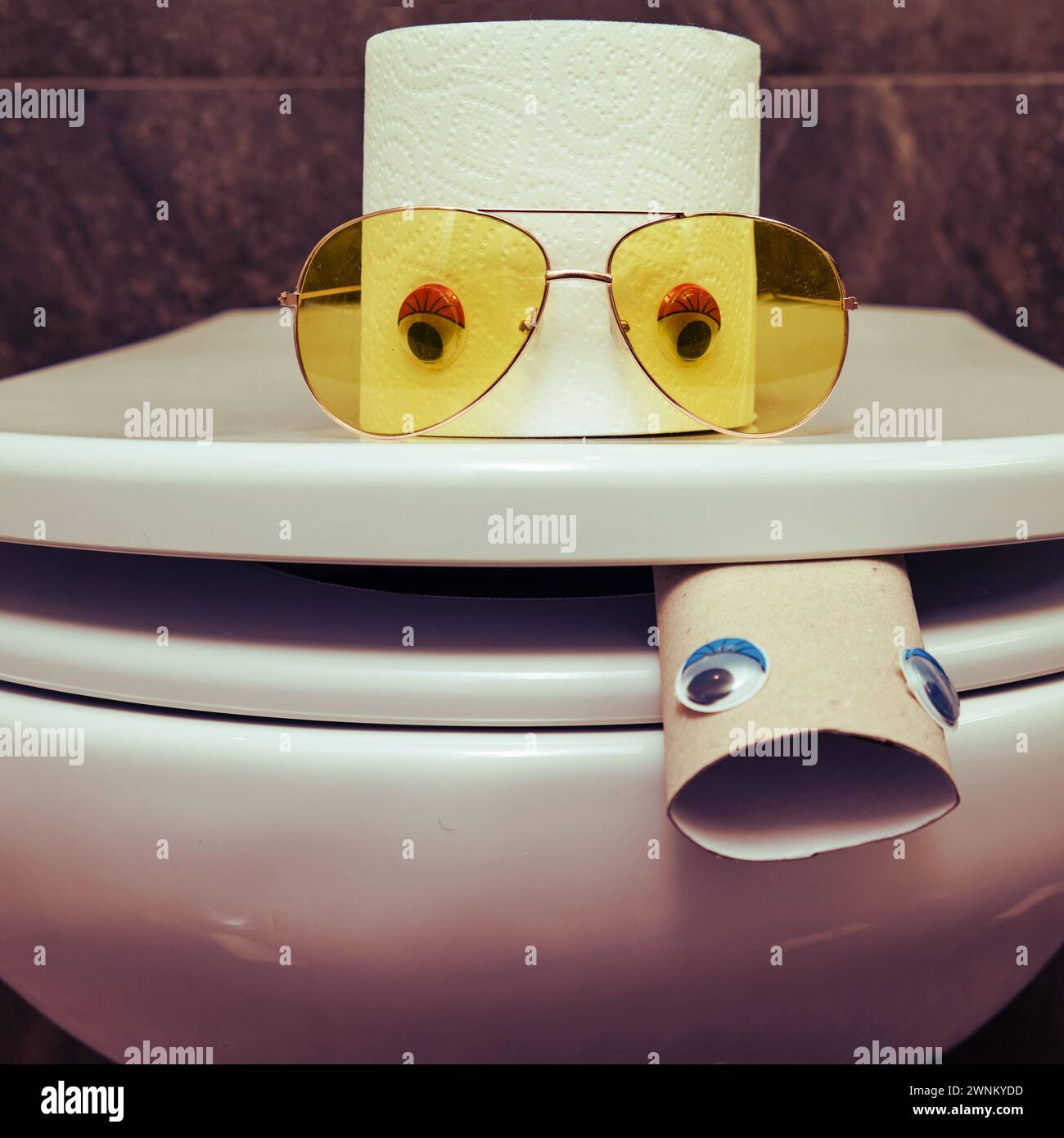 Cuvette de toilette et rouleau de toilette avec les yeux, gros plan. Concept amusant de la rupture de papier toilette Banque D'Images