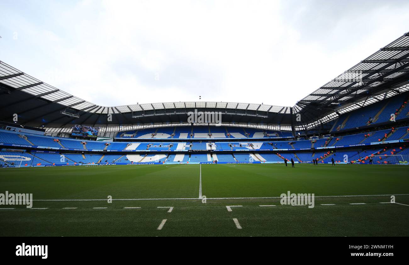 Stade Etihad, Manchester, Royaume-Uni. 3 mars 2024. Premier League Football, Manchester City contre Manchester United ; une vue générale du stade depuis le tunnel des joueurs crédit : action plus Sports/Alamy Live News Banque D'Images