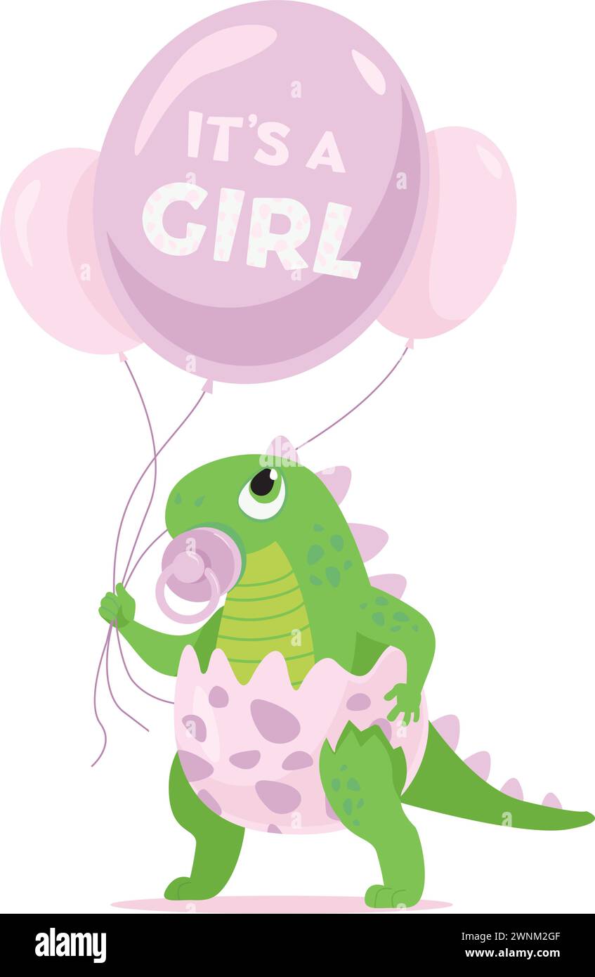 Personnage de dinosaure de bébé fille mignon tenant des ballons roses pour douche de bébé isolé sur fond blanc Illustration de Vecteur