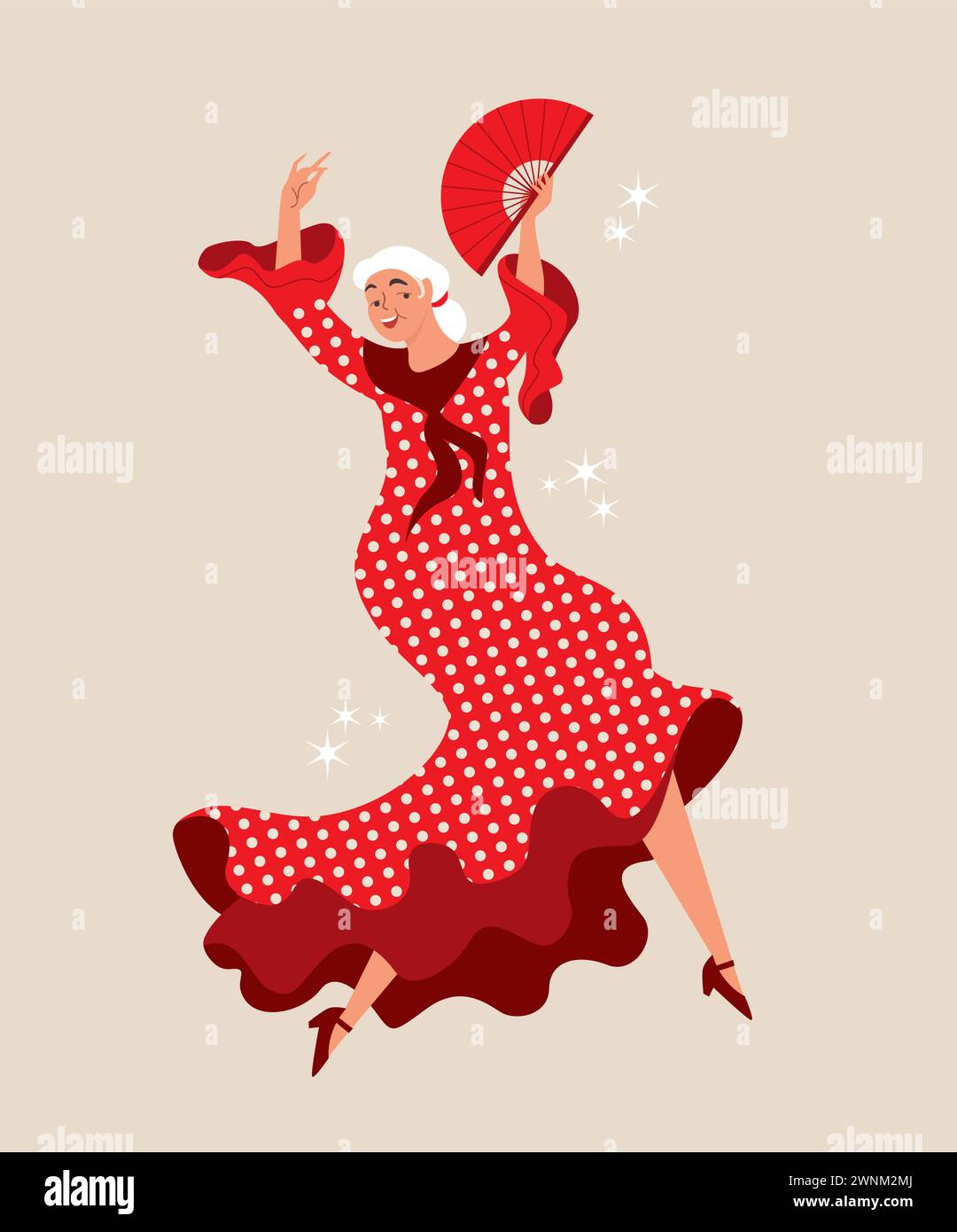 Dame senior dansant le flamenco espagnol. Dame âgée dansant. Culture espagnole. Concept de retraite active. Caractère vectoriel plat Illustration de Vecteur