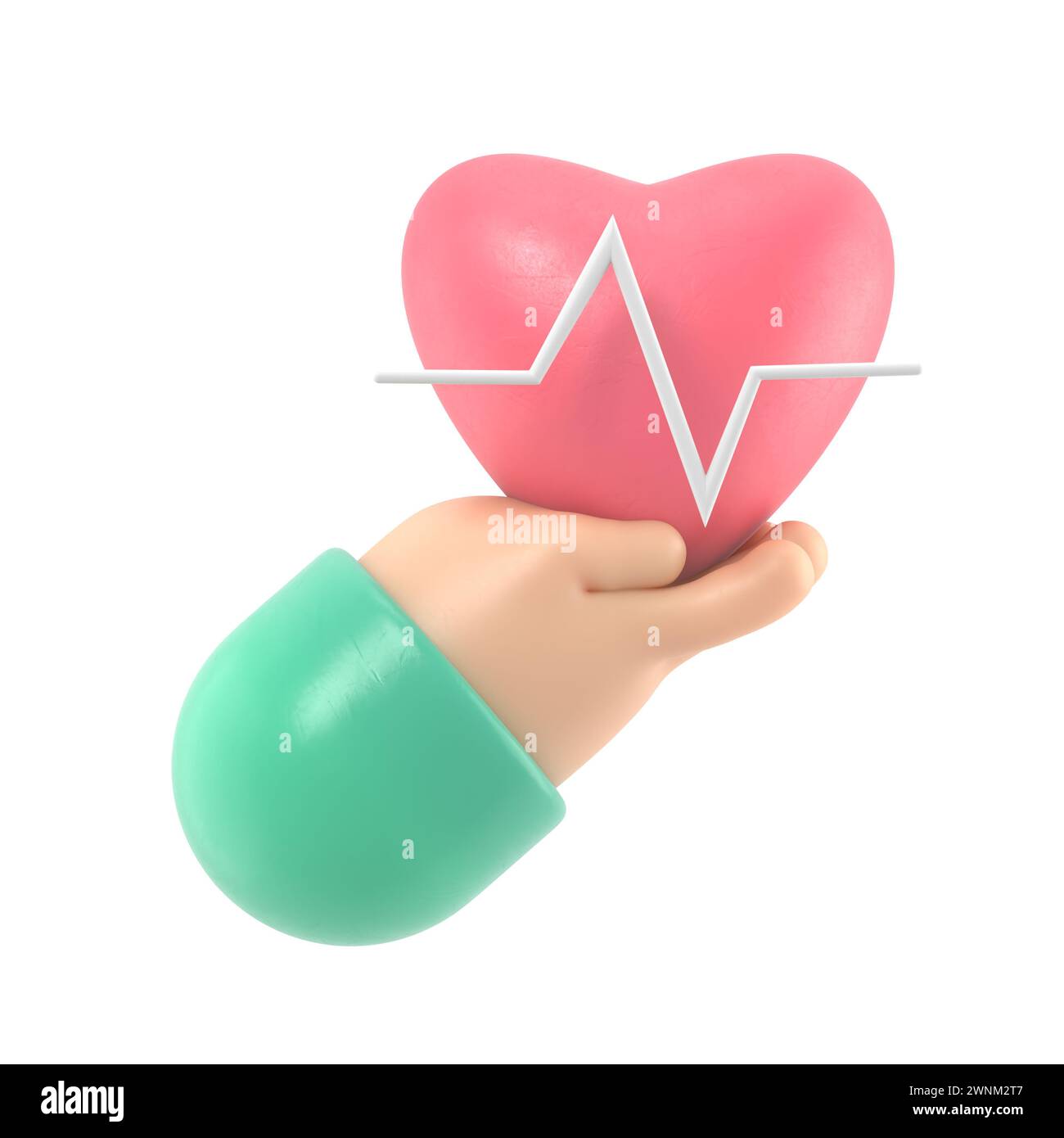 rendu 3d. Icône de fréquence cardiaque médicale. Médecin ou cardiologue main de dessin animé tenant le cœur avec la ligne de la carte. Healthcare illustration.rendu 3D sur blanc b Banque D'Images