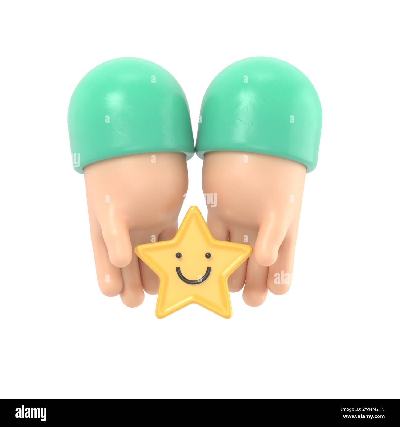 Main tenant l'étoile jaune visage de sourire heureux, bonne note de rétroaction, avis positif, sondage de satisfaction, évaluation de la santé mentale, bien-être enfant, monde Banque D'Images