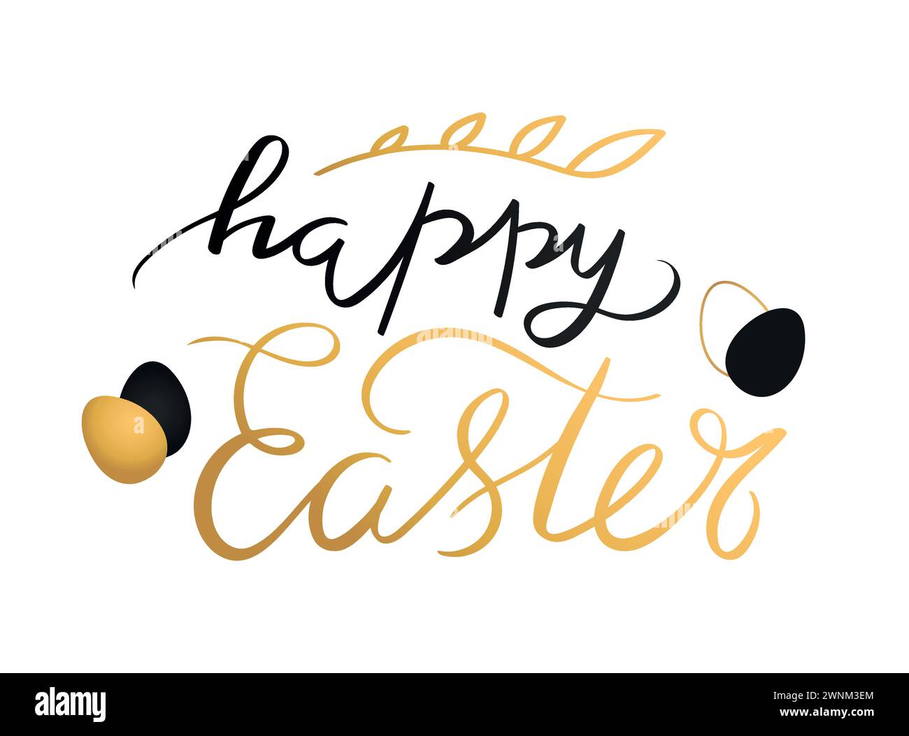 Joyeuses calligraphie de Pâques et lettrage au pinceau. Décoré avec des oeufs de Pâques dorés et branche de plante. Illustration vectorielle Illustration de Vecteur