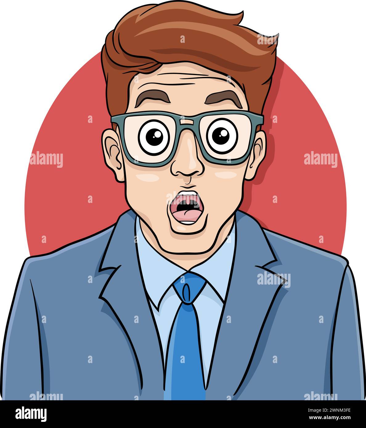 Illustration de bande dessinée de personnage de jeune homme d'affaires surpris en costume et lunettes Illustration de Vecteur