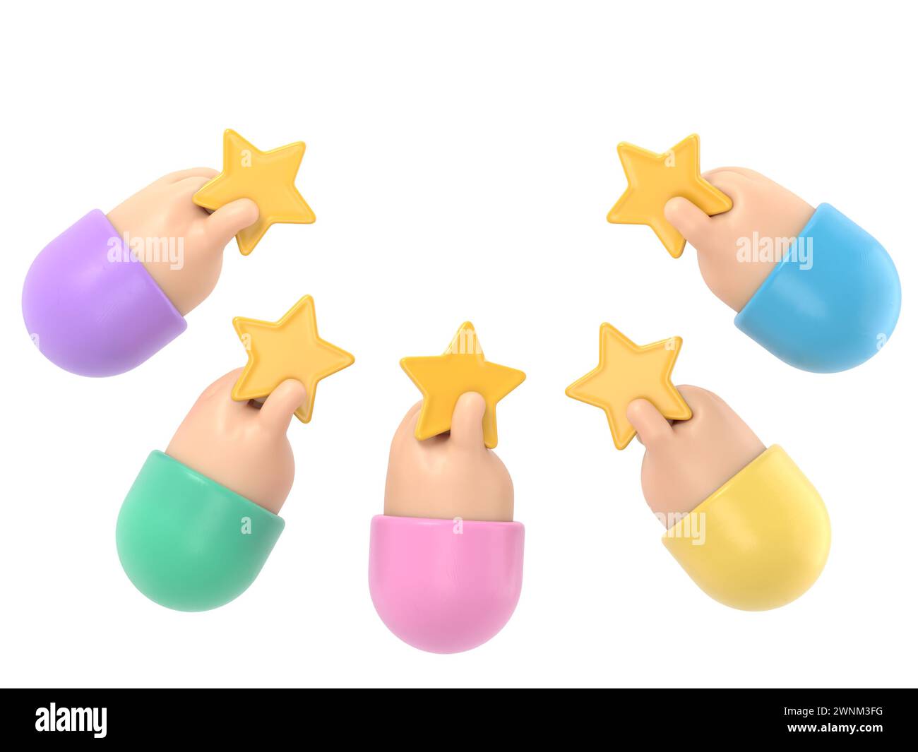 Personnages de personnes qui donnent un feedback cinq étoiles. Les clients qui choisissent le taux de satisfaction et laissent un avis positif. Service client et expérience utilisateur Co Banque D'Images