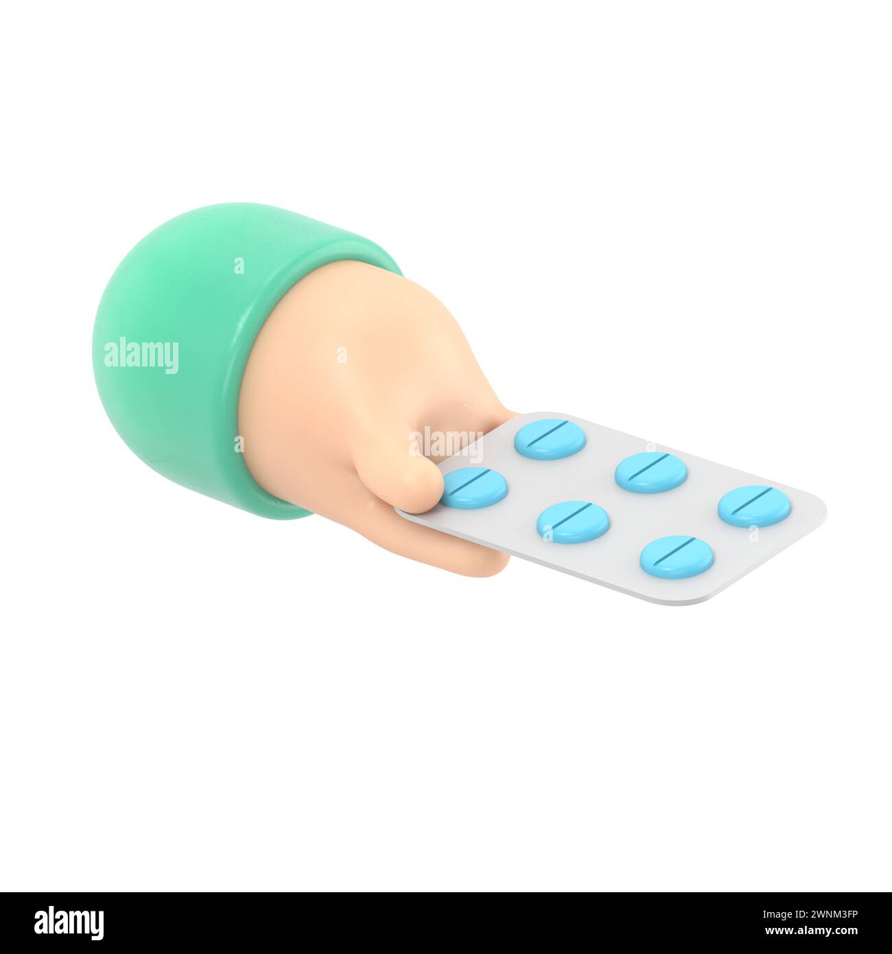 rendu 3d. Icône Pack de pilules. Docteur ou pharmacien main de dessin animé avec la peau noire tenant des médicaments. Illustration médicale de soins de santé.rendu 3D sur blanc Banque D'Images