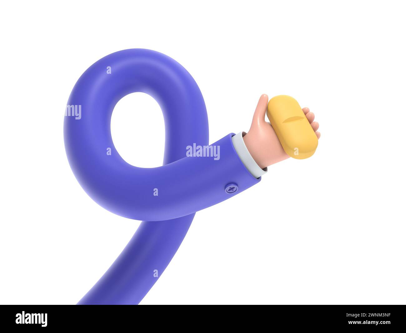 rendu 3d. La main de dessin animé du médecin ou du pharmacien tient une grosse pilule bleue. Icône médicale, illustration de soins de santé. Clip pharmaceutique art.3D rendu sur blanc Banque D'Images