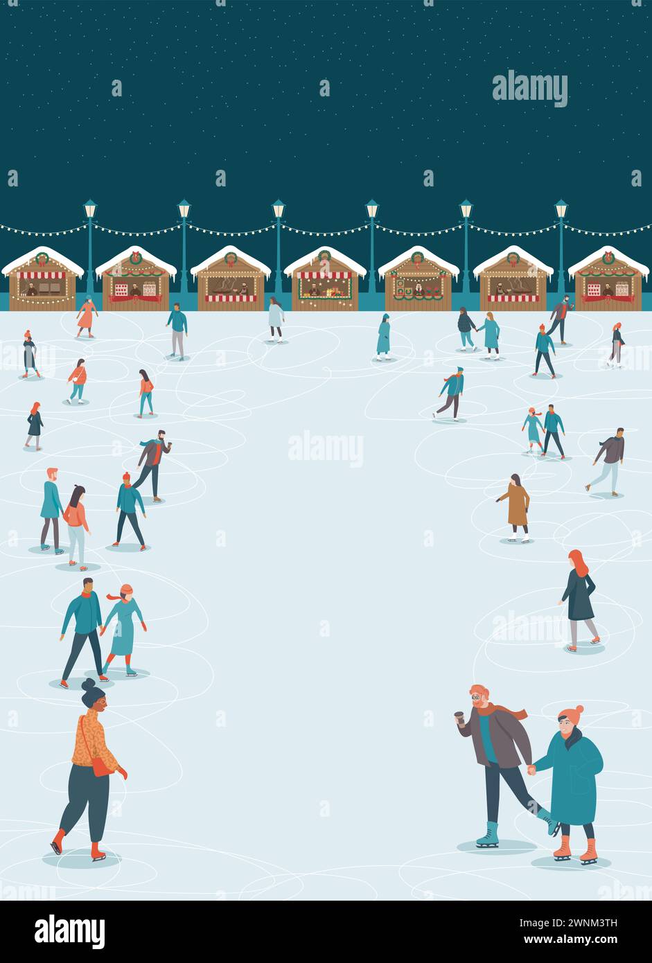 Patinoire sur un marché de Noël la nuit. Les gens patinent. Modèle de conception pour votre texte. Affiche ou bannière de Noël Illustration de Vecteur