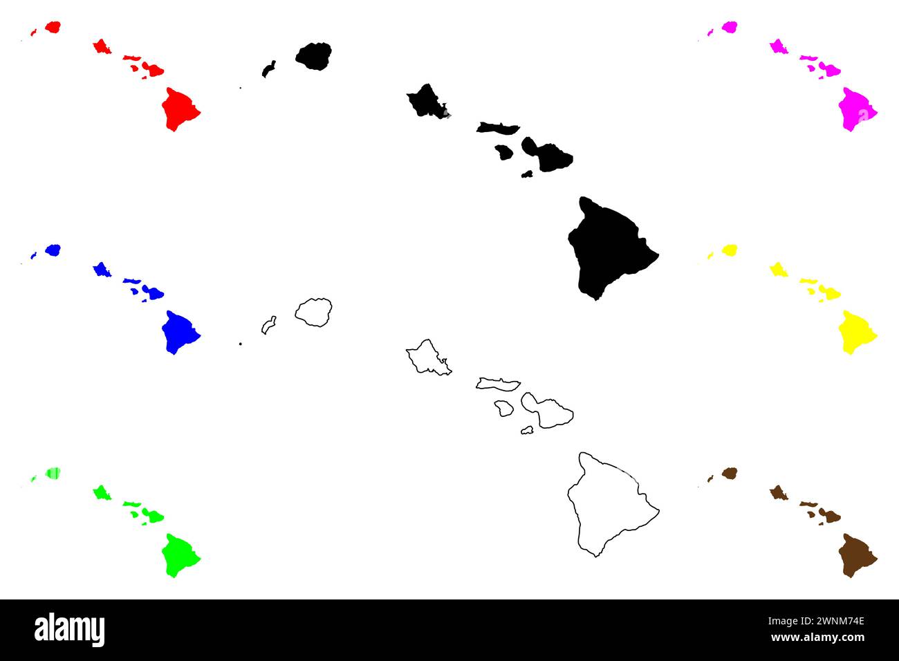 Carte silhouette et contour de l’État d’Hawaï (États-Unis d’Amérique, États-Unis ou États-Unis d’Amérique), Moku’aina o Hawai’i Illustration de Vecteur