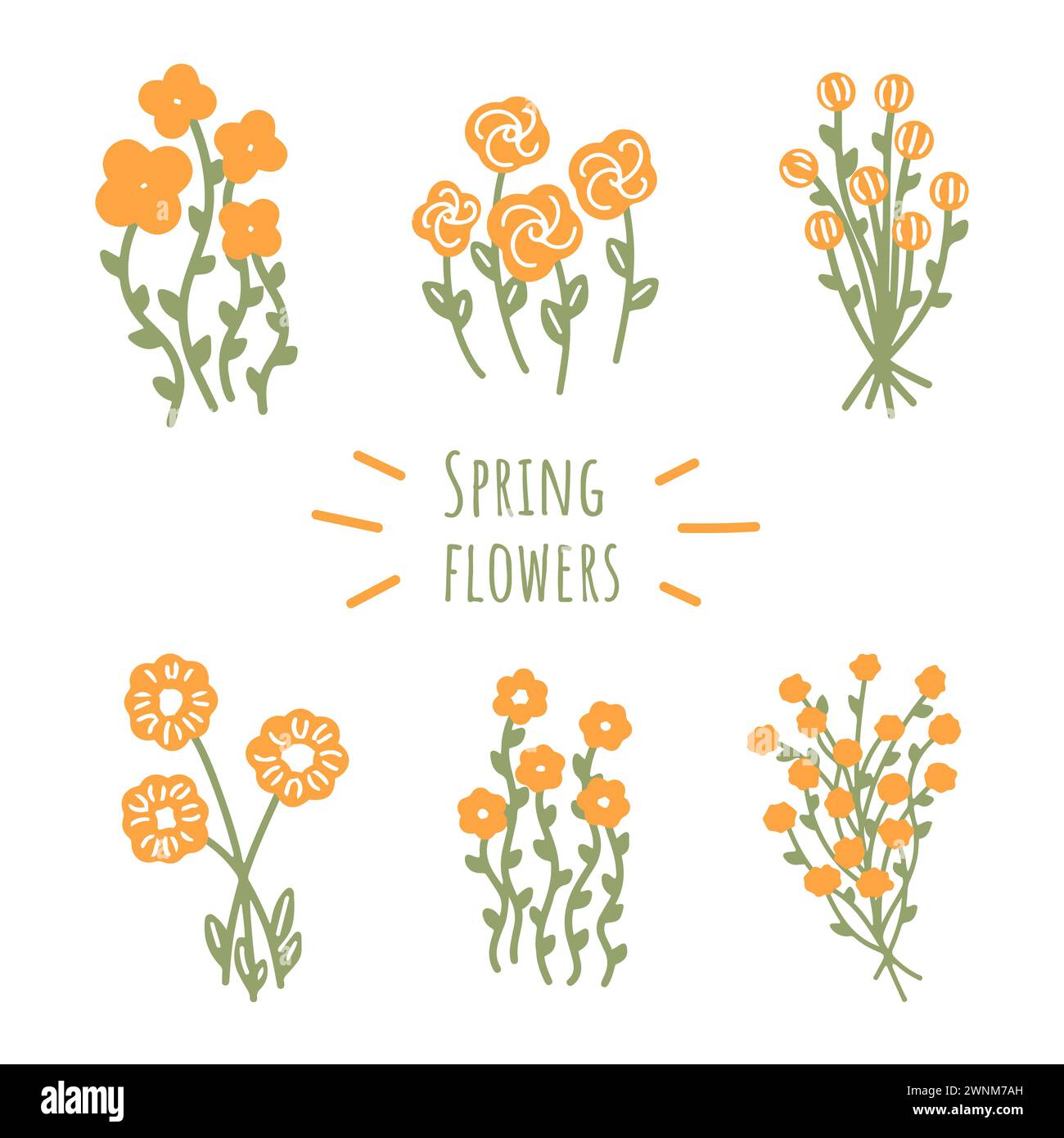 Ensemble de six bouquets de fleurs de la collection de printemps. Variété de fleurs oranges dans le style vintage. Illustration de Vecteur