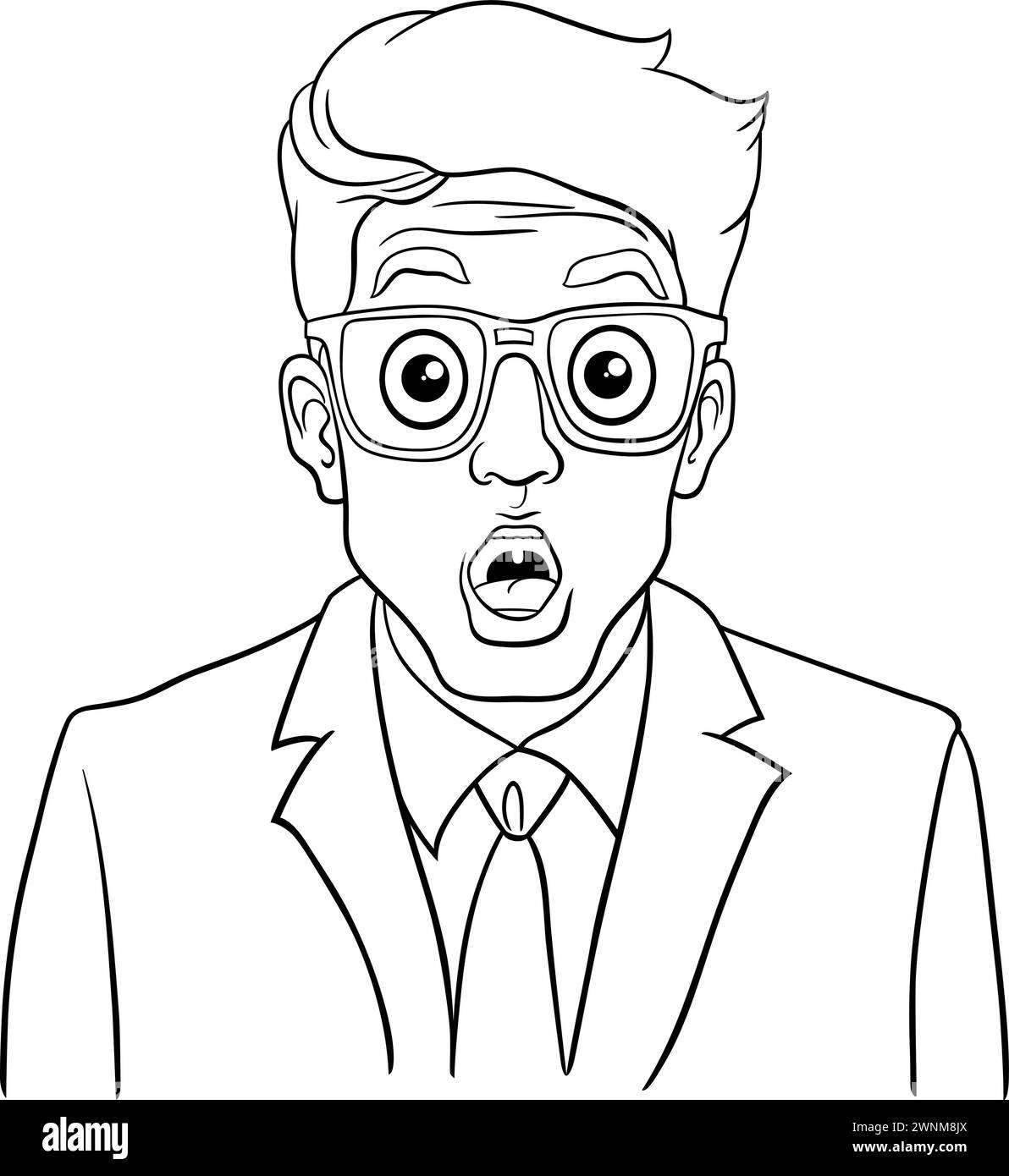 Illustration de bande dessinée du personnage surpris de jeune homme d'affaires en costume et lunettes coloriage Illustration de Vecteur