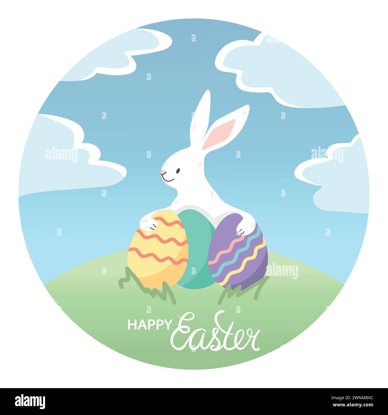 Art de Pâques avec un joli lapin de Pâques tenant des œufs peints. Joyeuses Pâques. Illustration vectorielle dessinée à la main Illustration de Vecteur