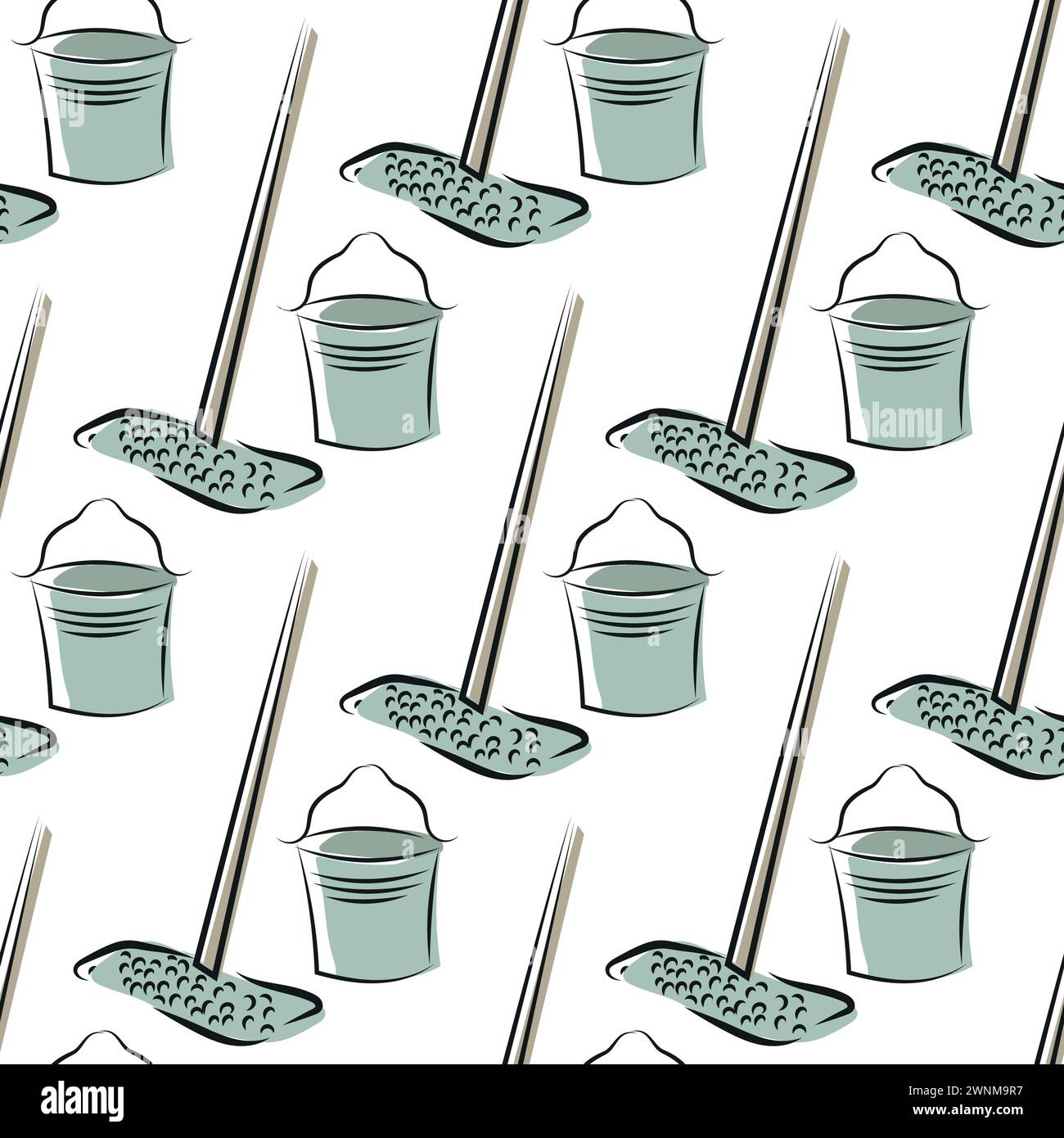 Vecteur rétro dessiné à la main fond de modèle sans couture de l'équipement de nettoyage, vadrouille, seau, balai, pelle à poussière et brosse, plumeau. Éléments de corvées propres au printemps Illustration de Vecteur