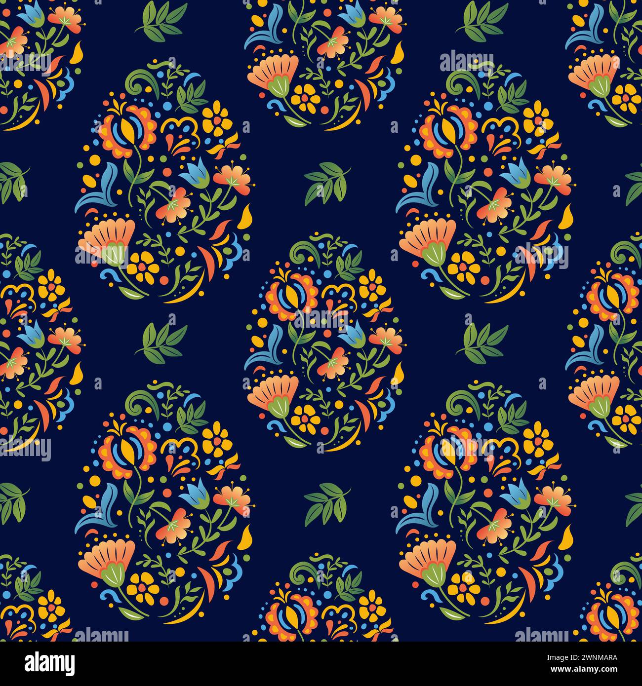 Motif sans couture joyeuse de Pâques. Oeuf avec motif botanique. Fleurs folkloriques mexicaines ou slaves. Dessin traditionnel. Illustration vintage pour papier peint, fa Illustration de Vecteur
