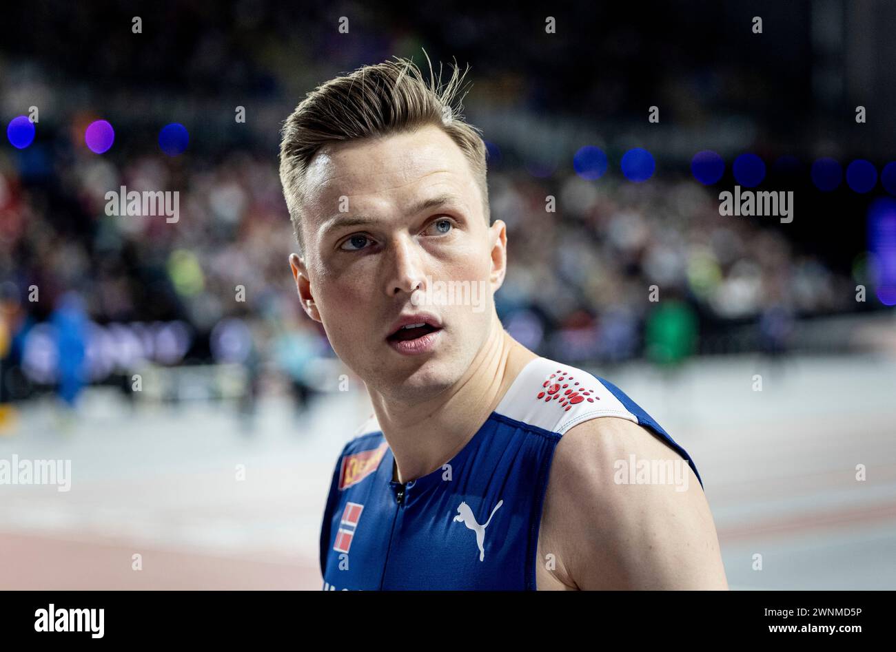 GLASGOW, Royaume-Uni. , . Le norvégien Karsten Warholm dans la finale du 400 mètres masculin lors des Championnats du monde d'athlétisme en salle à l'Emirates Arena de Glasgow, Royaume-Uni 2 mars 2024.photo : Christine Olsson/TT/Code 10430 crédit : TT News Agency/Alamy Live News Banque D'Images