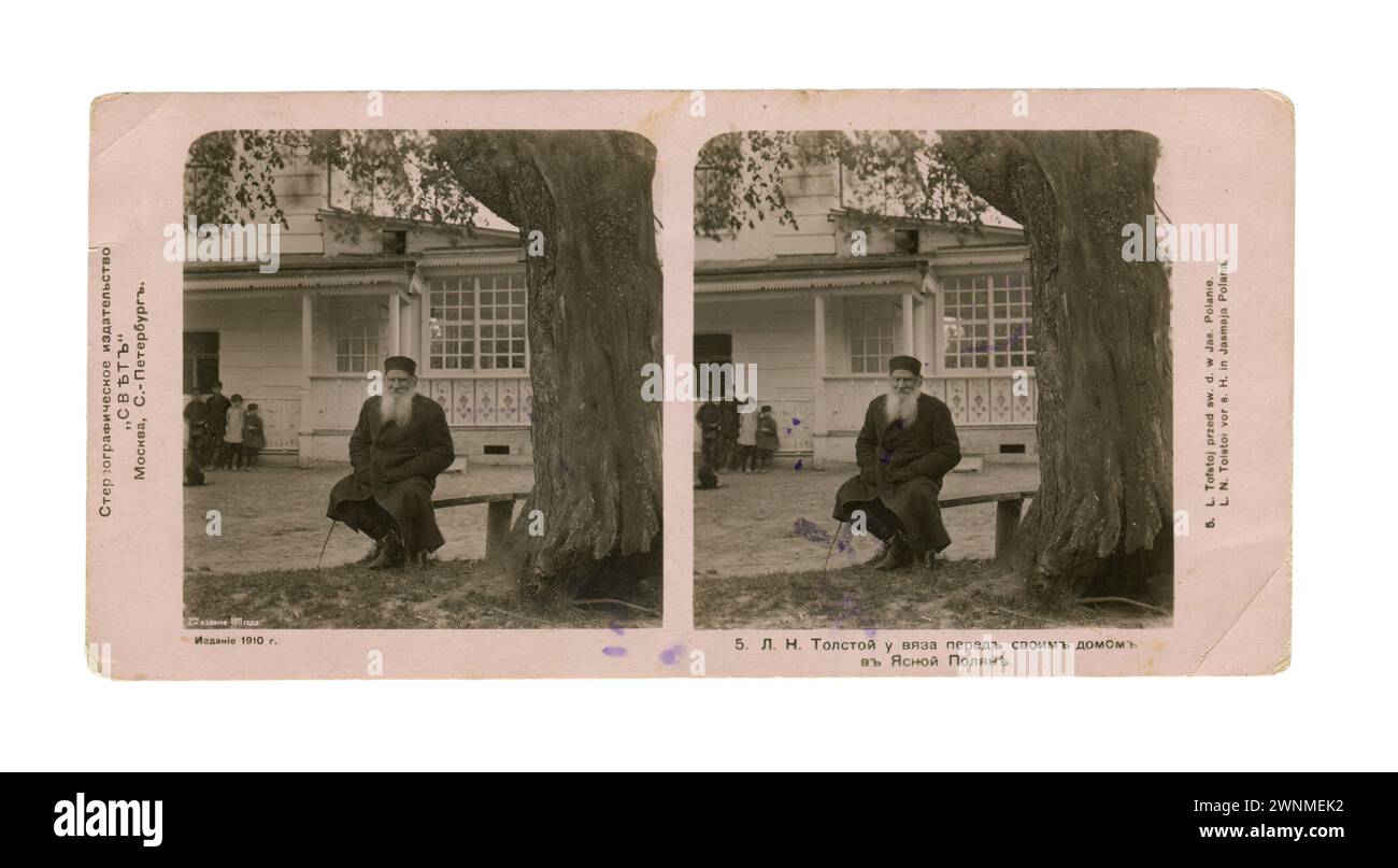 Lév Nikolaïevitch Tolstoï (russe : Лев Николаевич Толстой ; 9 septembre [O. S. 28 août] 1828 – 20 novembre [O. S. 7 novembre] 1910), généralement appelé Léon Tolstoï, est un écrivain russe. Vieille photo stéréo vintage de l'Empire russe, 1911. Banque D'Images