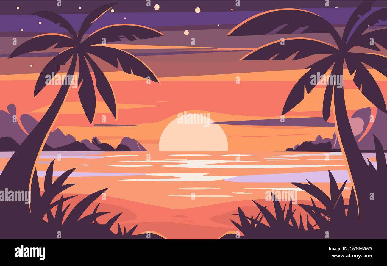 Coucher de soleil sur fond d'art vectoriel de plage de la mer tropicale Illustration de Vecteur