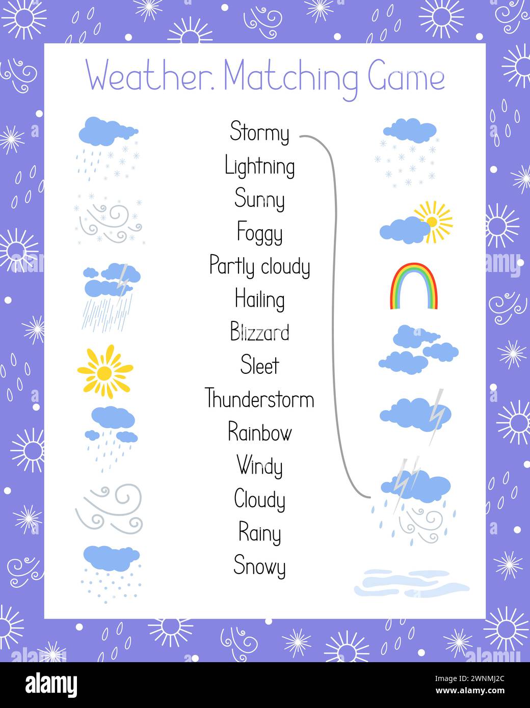 Éléments météorologiques, signes et mots assortis illustration vectorielle de jeu, feuille de travail imprimable d'activités pour enfants, impression de puzzle d'activités éducatives ou de loisirs Illustration de Vecteur