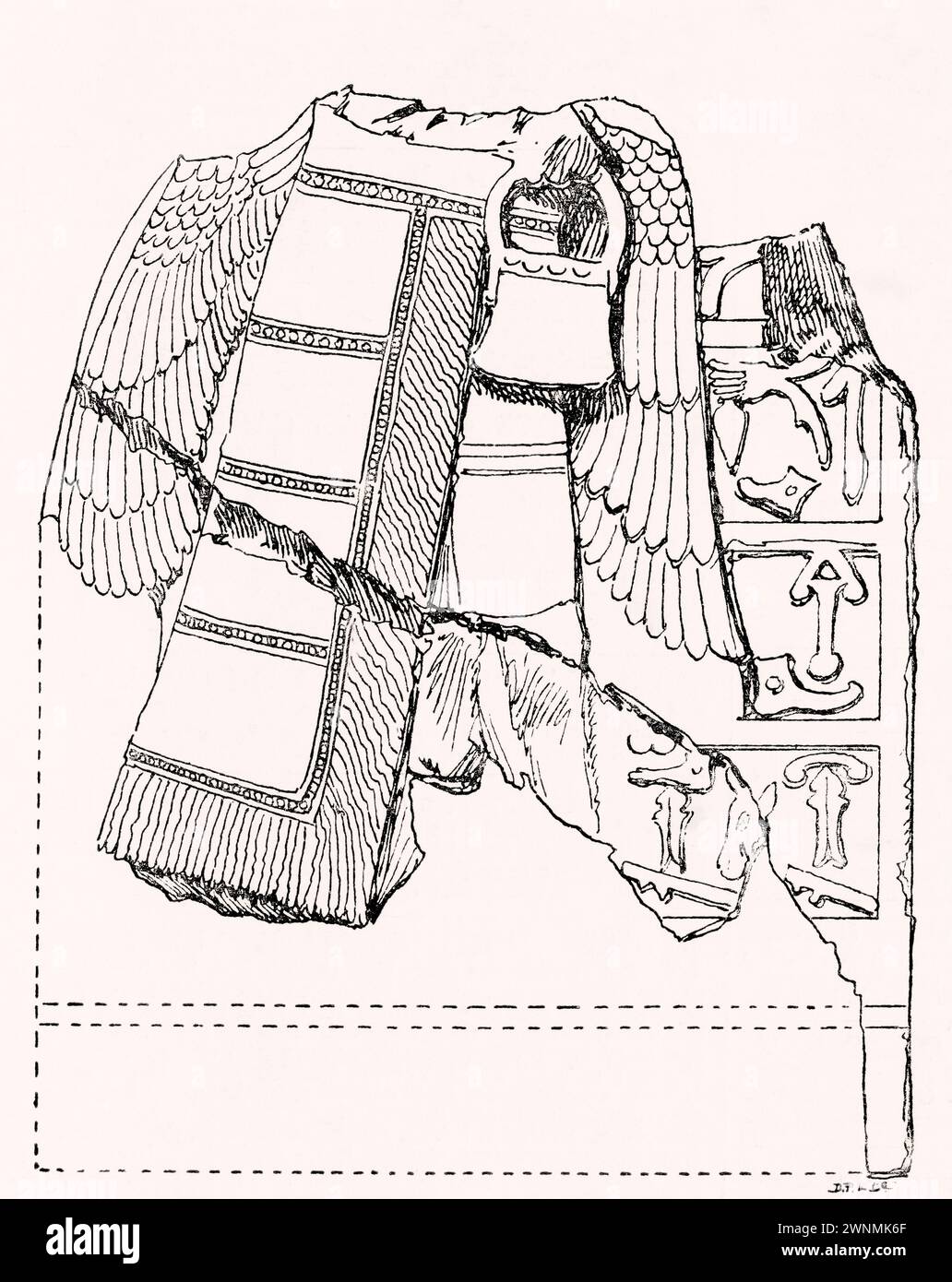 Schéma d'un fragment d'une sculpture hittite découverte à Carchemish alias Karkemish. Tiré du London Illustrated News, publié le 26 mars 1887. Banque D'Images