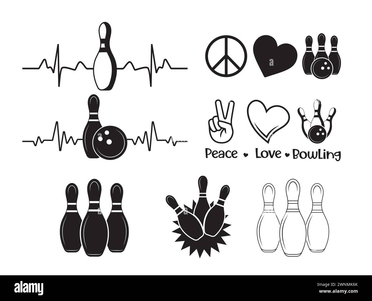 Vecteur de bowling, clipart de bowling, bowling Peace Love, quilles de bowling, monogramme de bowling, silhouette de bowling, Bowling Heartbeat, Bowling Split, Bowling Gift Illustration de Vecteur