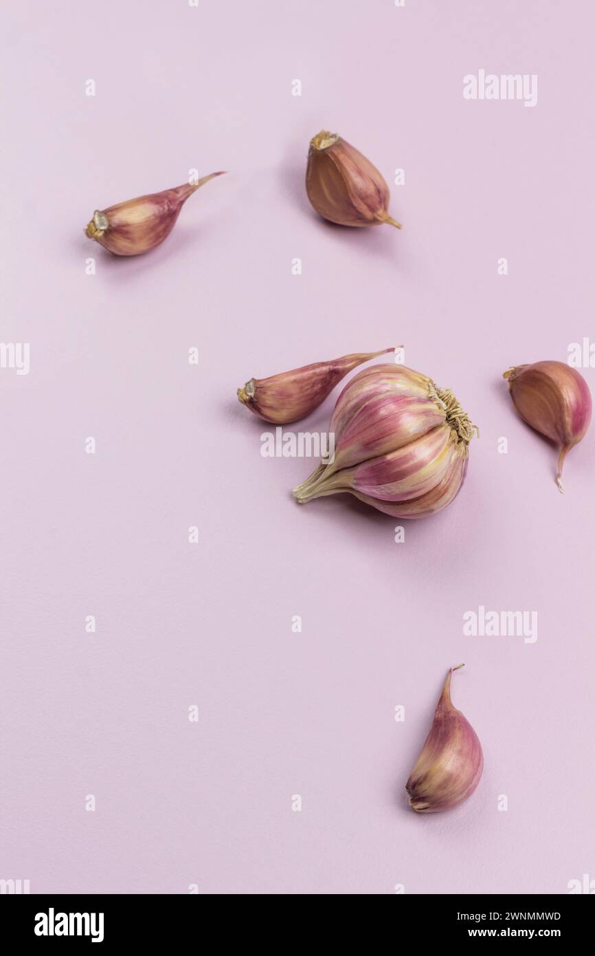 Tête d'ail non pelée, gousses d'ail. Produits pour immunité. Fond rose. Pose à plat Banque D'Images