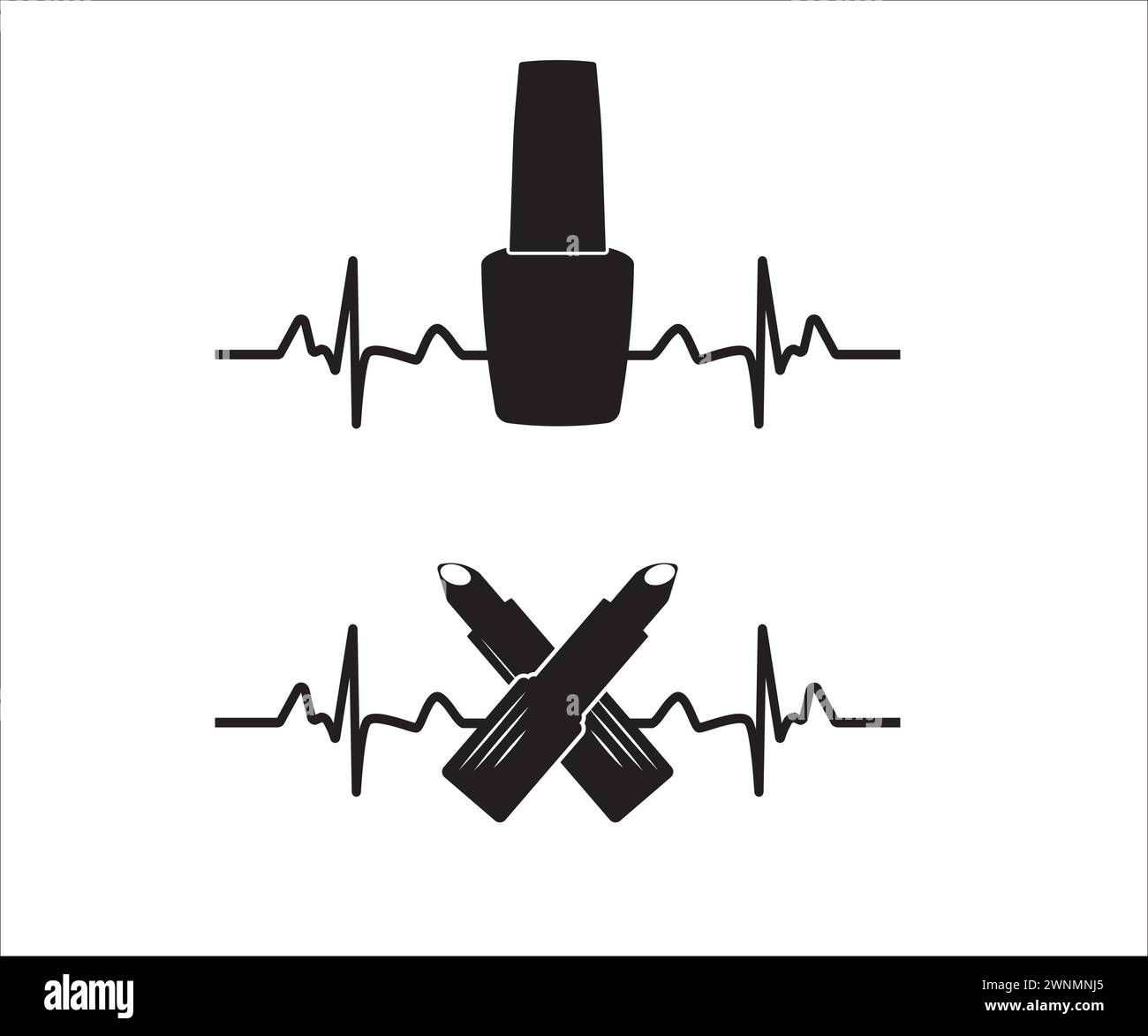 Battement de coeur de maquillage, cadre de monogramme divisé de maquillage. Maquillage, outil de maquillage monogramme. Rouge à lèvres vecteur, mascara, pinceau de maquillage. Maquilleuse Illustration de Vecteur