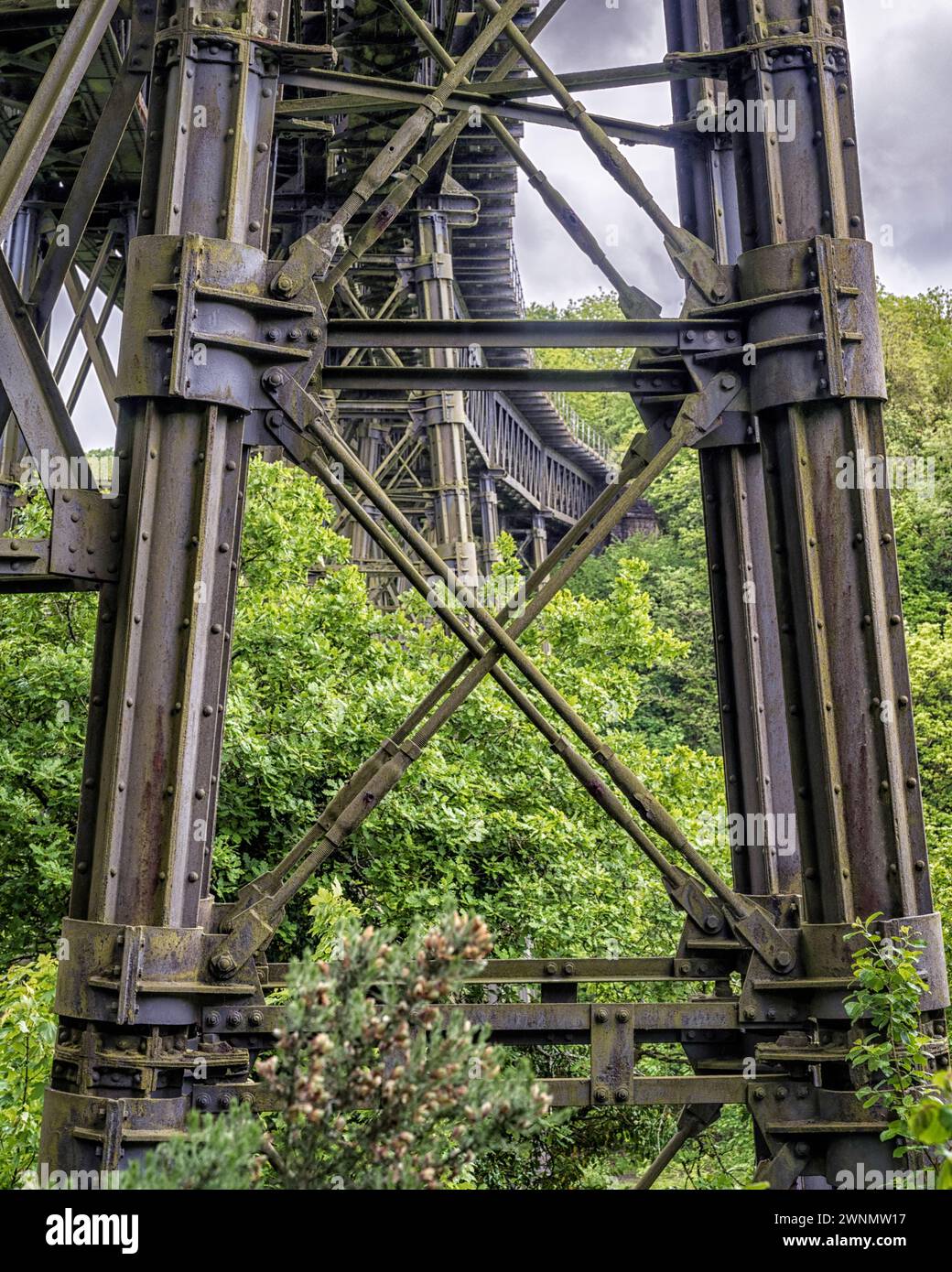 Vue du viaduc ferroviaire LSWR en fer forgé désaffecté (1874), vu d'une route en contrebas. Meldon, Devon, Angleterre, Royaume-Uni. Banque D'Images