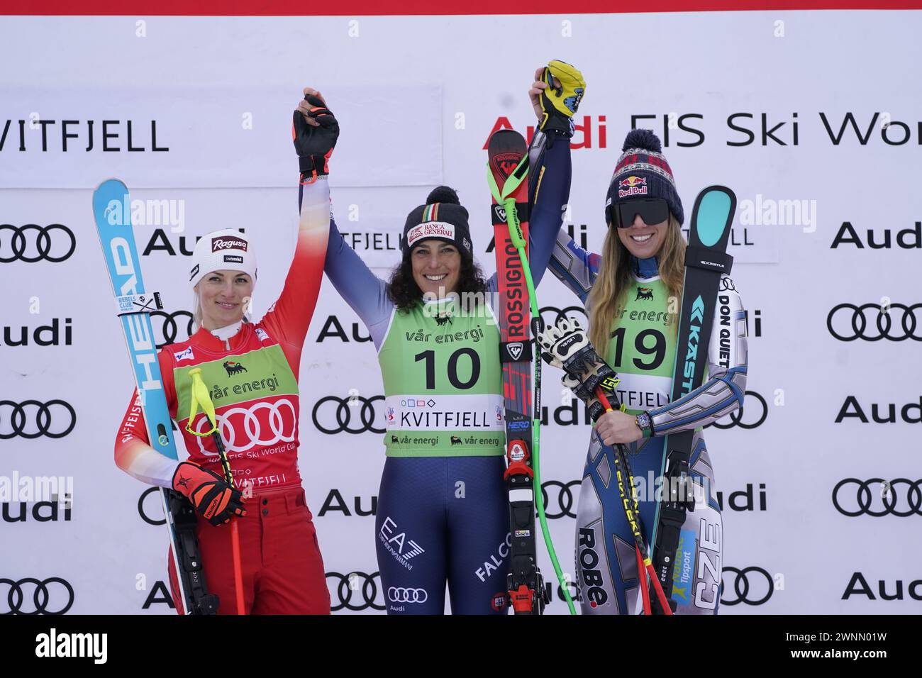 Fåvang 20240303.L'italienne Federica Brignone (au centre), ester Ledecka de la République tchèque (à droite) et Lara Gut-Behrami de la Suisse (à gauche) après la Coupe du monde FIS Alpine Super-G Women à Kvitfjell. Photo : Erik Flaaris Johansen / NTB Banque D'Images