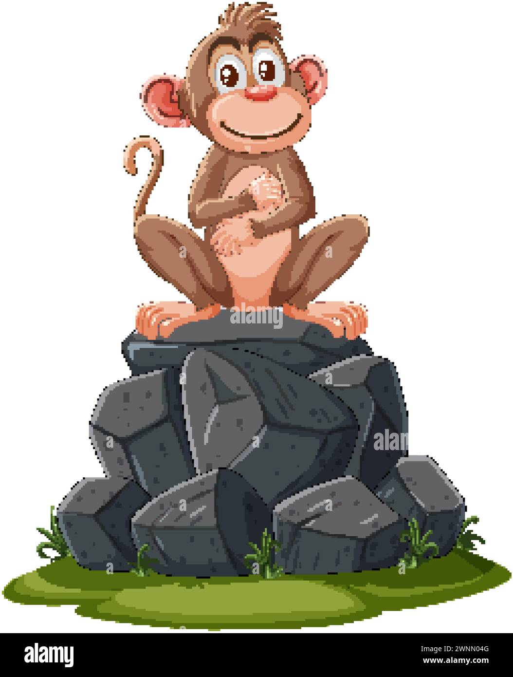 Un singe heureux perché au sommet d'un tas de pierres. Illustration de Vecteur