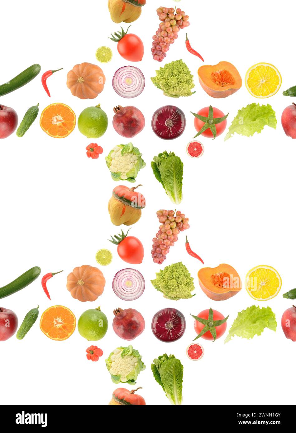 Motif homogène de légumes, fruits et baies isolé sur fond blanc. Banque D'Images
