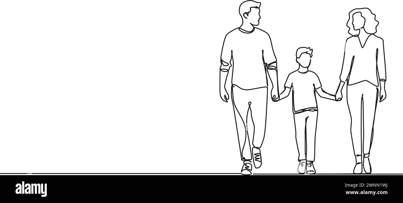 dessin en ligne simple continu des parents et du fils marchant main dans la main, illustration vectorielle d'art au trait Illustration de Vecteur