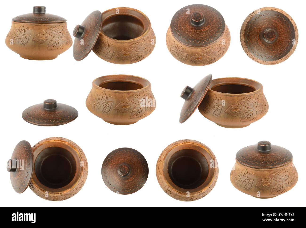 Collection de magnifiques pots en céramique avec couvercle de différents angles isolés sur fond blanc. Banque D'Images