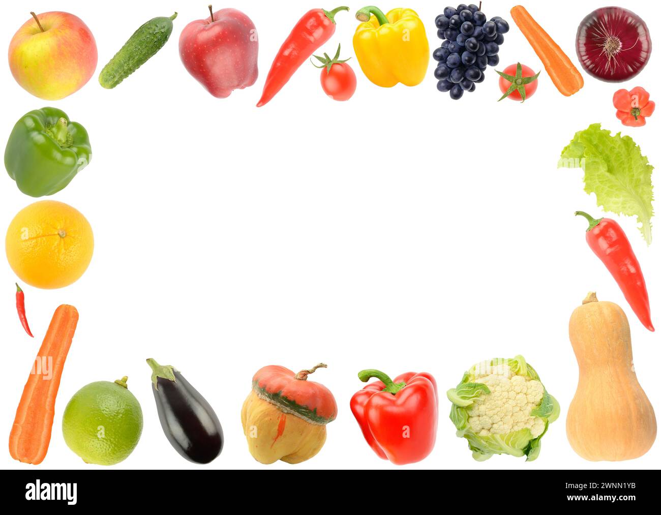 Cadre de légumes frais et de fruits sains isolés sur fond blanc. Banque D'Images