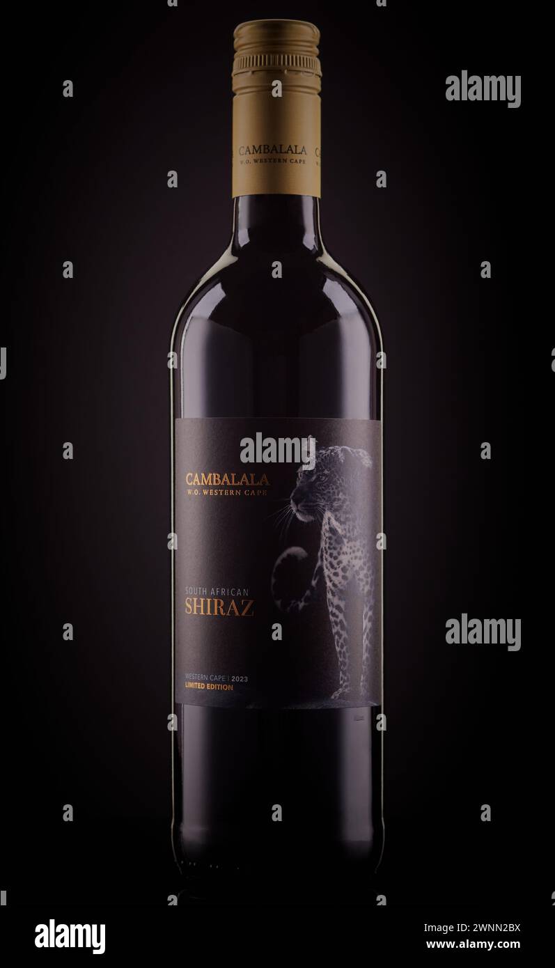 Mansfield, Nottingham, Royaume-Uni, 2 mars 2024 : image de produit studio d'une bouteille de vin Cambalala W.O. Western Cape Shiraz. Banque D'Images