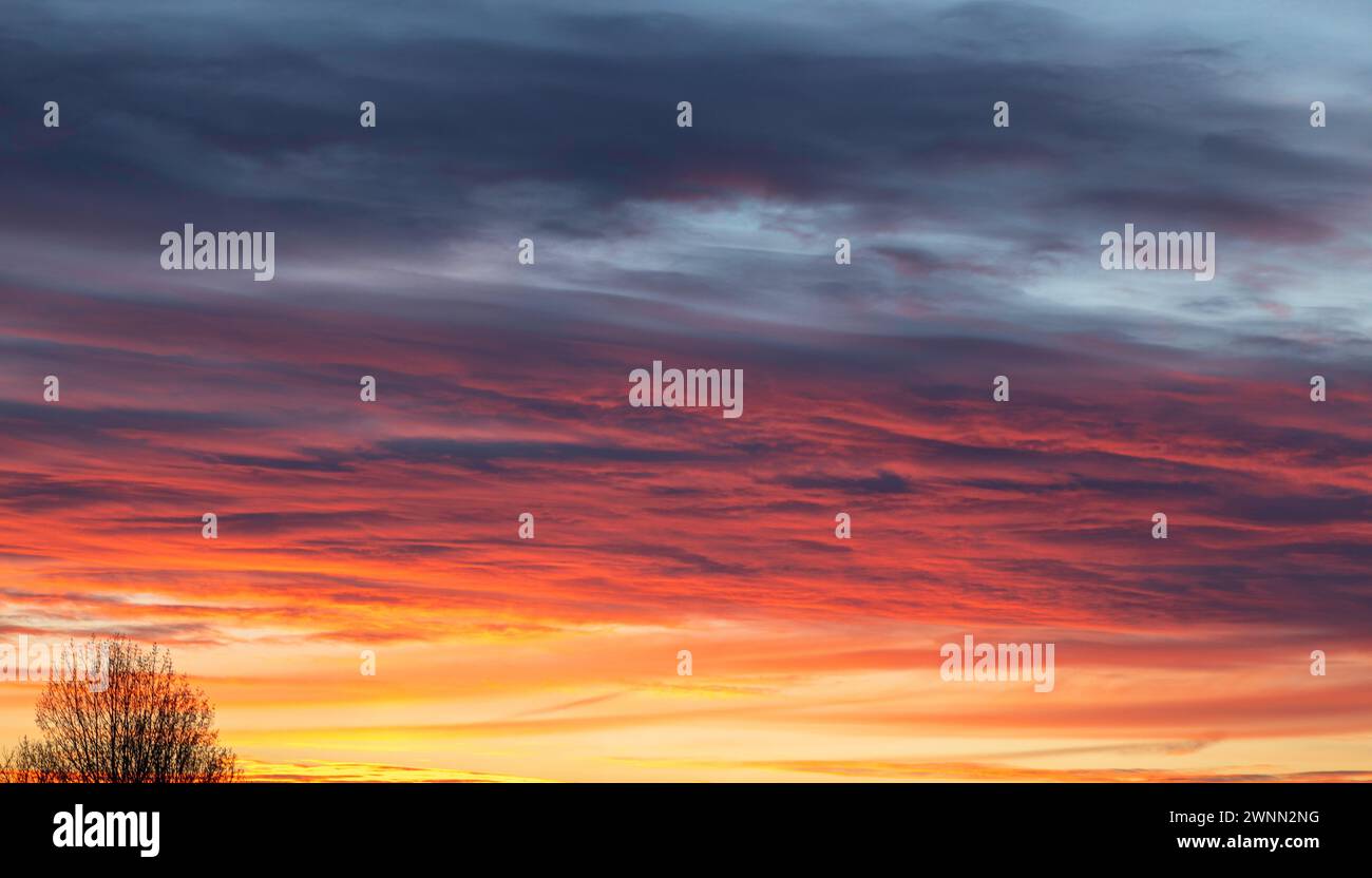 Stonham Aspal, Suffolk, UK.3rd mars, 2024. Le soleil pouvait être vu dans toute sa splendeur alors qu'il se couchait sur Stonham Aspal dans le Suffolk après une journée nuageuse qui devrait être la même au cours des prochains jours avec un pic de 8C. Crédit : Keith Larby/Alamy Live News Banque D'Images
