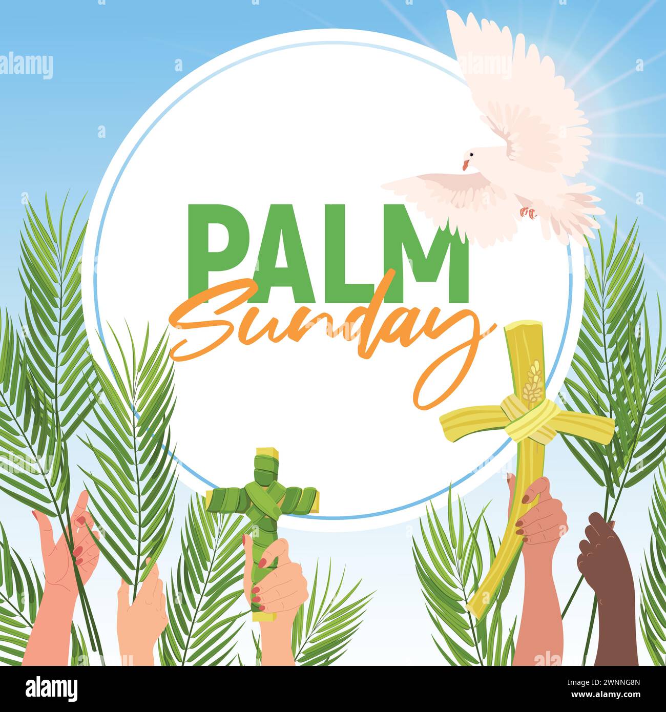 Bannière de bienvenue du dimanche des palmiers pour la fête chrétienne. Des gens de différentes nationalités tiennent des branches de palmier et des croix de feuilles. Une colombe blanche dans le ciel a Illustration de Vecteur