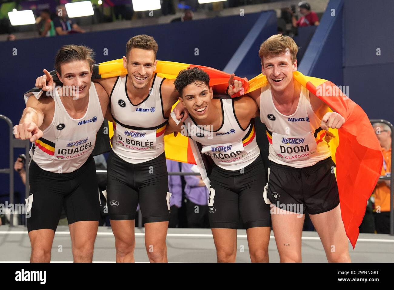 Les belges Christian Iguacel, Dylan Borlee, Jonathan Sacoor et Alexander Doom, lors de la troisième journée des Championnats du monde d'athlétisme en salle à l'Emirates Arena de Glasgow. Date de la photo : dimanche 3 mars 2024. Banque D'Images