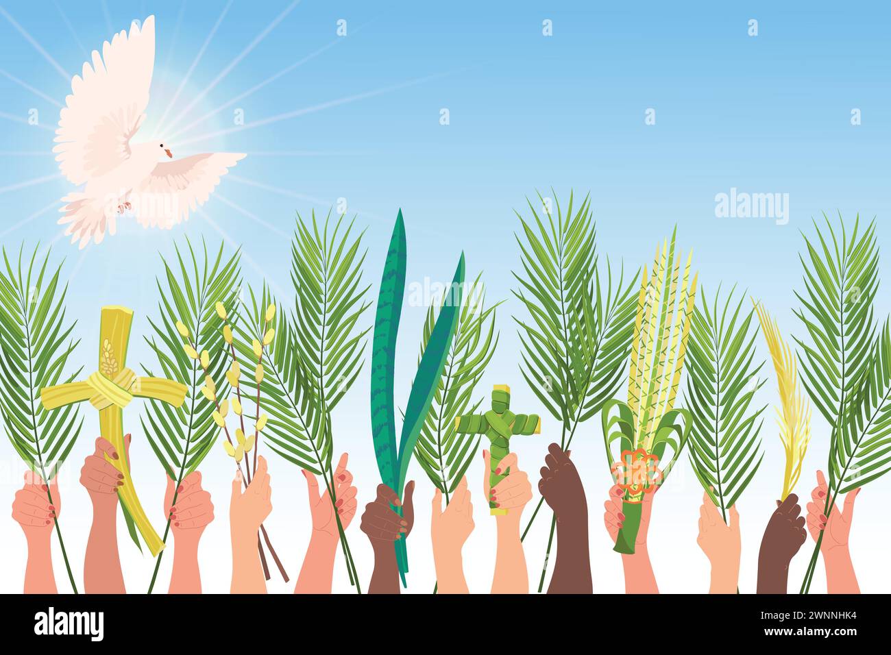 Célébrations du dimanche des palmiers. Les mains de personnes de différentes nationalités sont élevées avec des branches de palmier, sansevieria et une croix. Colombe blanche dans le ciel, th Illustration de Vecteur