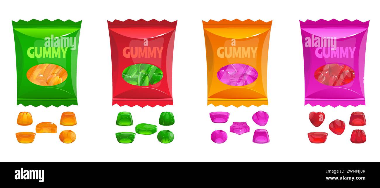 Paquets de bonbons gélifiés de dessin animé. Bonbons colorés à base de gomme gelée. Différentes formes et saveurs. Marmelade de fruits juteux. Mâcher des desserts pour enfants. Emballages en aluminium. GE Illustration de Vecteur
